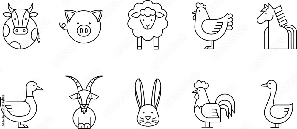 Fototapeta Simple line art illustrations of common farm animals and barnyard creatures