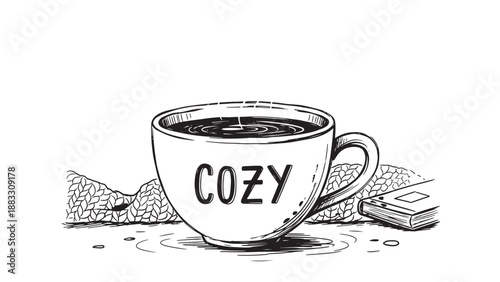 Hand-Drawn Illustration of a Cozy Coffee Mug with 'Cozy' Text and Knitted Background
