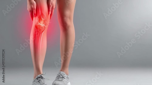 Female athlete suffering from a leg injury with a red painful joint inflammation after physical exercise. The concept of trauma, arthritis, and orthopedic problems in runners