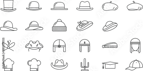A collection of different types of hats and headwear line art icons set