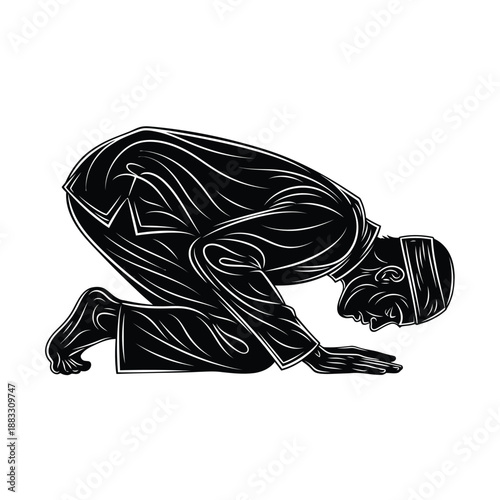 Muslim Man in Prayer Position, Showing Reverence and Devotion, Black and White Illustration.