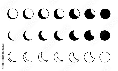New and quarter, waning and waxing, crescent and full Moon sphere silhouettes and icons isolated on white background. Infographic of Lunar calendar cycle. Astrology sings. Vector graphic illustration