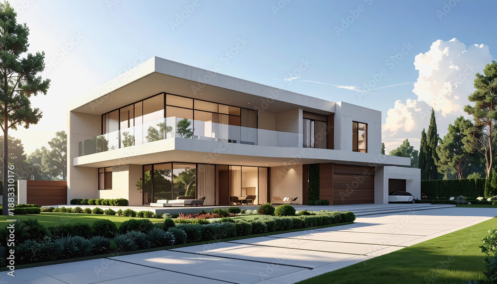 Fototapeta premium Stunning modern residence with expansive glass facades, clean lines, and lush landscaping during golden hour.
