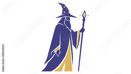 Mystical Wizard Silhouette with Staff and Pointed Hat, Fantasy Illustration.