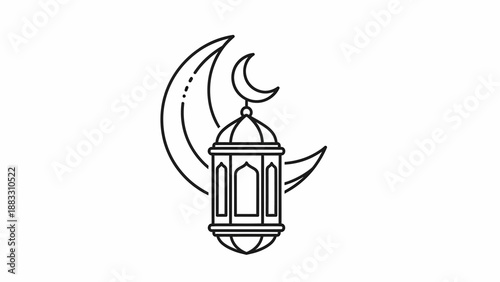 Islamic Crescent Moon and Traditional Lantern Icon - Ramadan and Eid Celebration Symbol