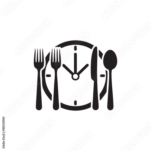 Black and white clock with crossed fork and knife symbols on the face time