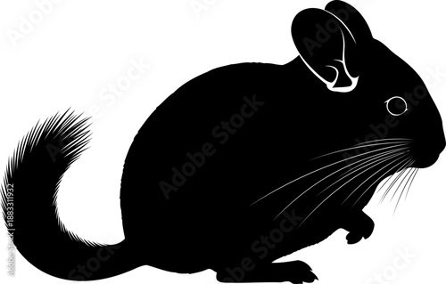 Black silhouette of a fluffy chinchilla rodent sitting in a side profile view with tail