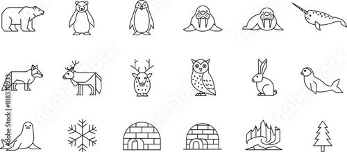 A large collection of arctic animals and nature icons in line art style for cold themes