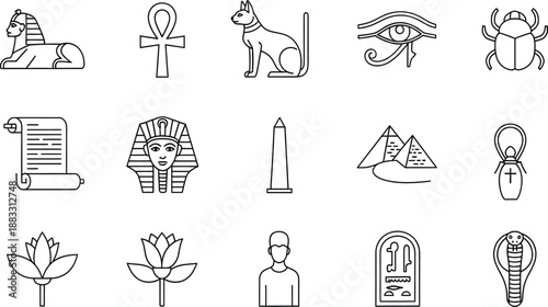 Ancient egyptian symbols and landmarks icon set in minimalist line art style