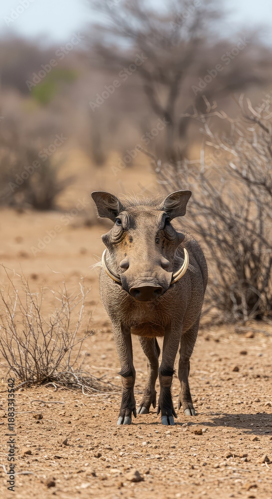 Fototapeta premium A sturdy warthog stands alertly in the dry, sun-drenched savanna, showcasing its large curved tusks and distinctive facial warts ,face ,standing ,snout