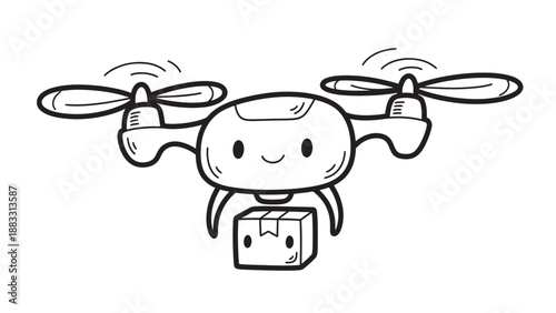 Cute cartoon drone delivering a package with a smiling face, illustration of drone delivery and fast service.
