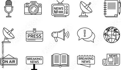 Collection of news and media line art icons for communication and broadcasting