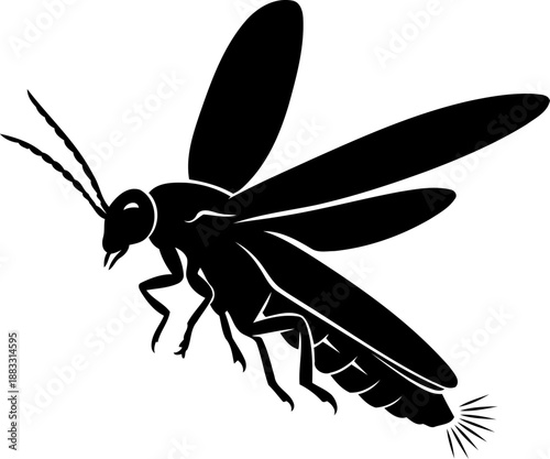 Firefly insect silhouette flying side view with glowing abdomen