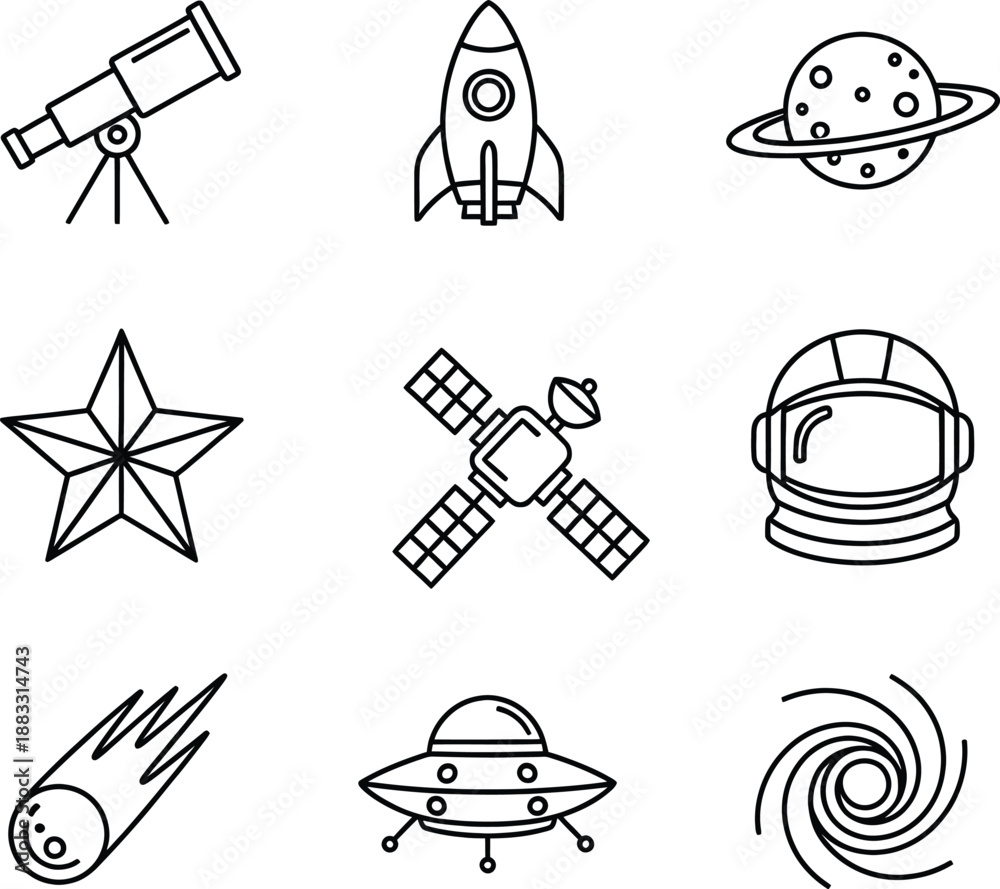 Fototapeta premium space icons set with planets rockets and astronomy symbols