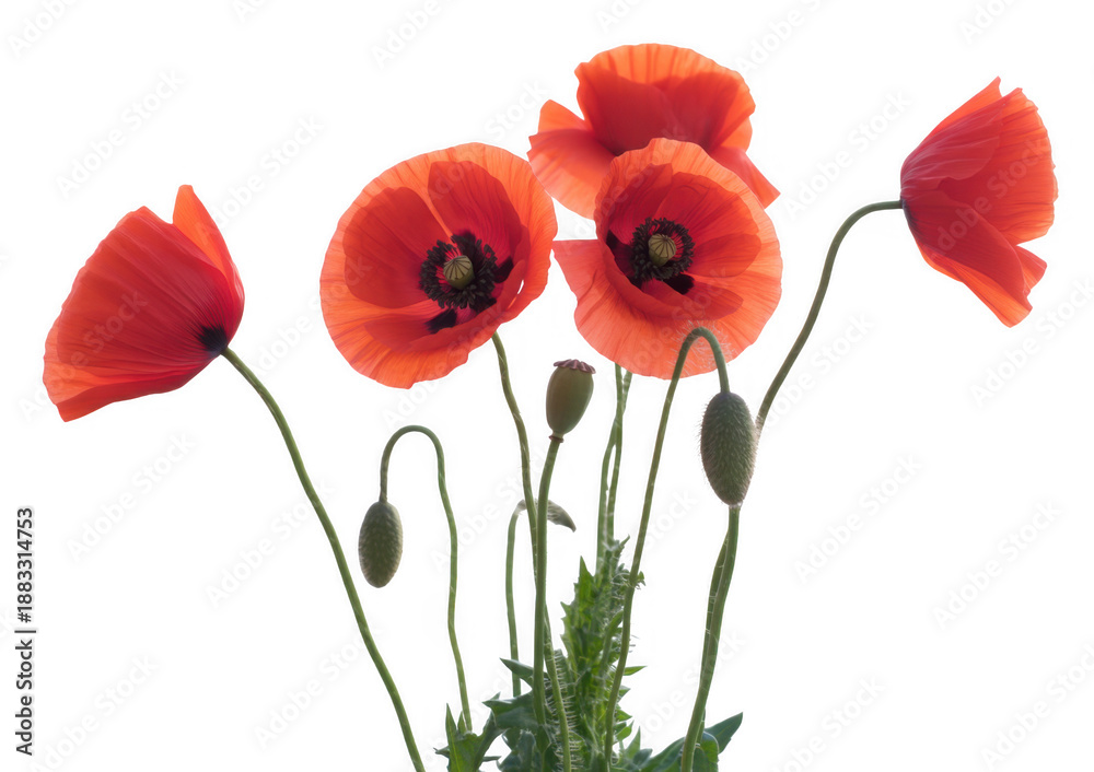 Obraz premium Red poppy flowers poppy plant green stems isolated on a transparent background