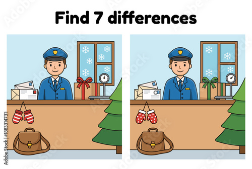 Cartoon postman standing at counter in winter with Christmas decorations  