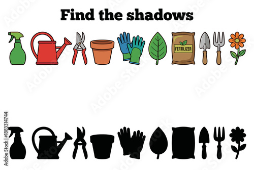 Garden tools and plants in colorful icons with shadows below  