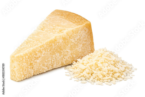 Parmesan cheese wedge and grated parmigiano reggiano on transparent background, dairy product, italian cuisine ingredient