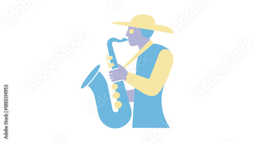 Saxophone player in a hat, playing a musical instrument with passion and focus.