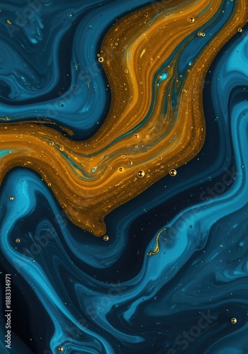 Captivating abstract background showcasing swirling blue and gold viscous liquids blending in dynamic, energetic motion. Deep, rich colors and ethereal flow ,paint ,aesthetic ,blending