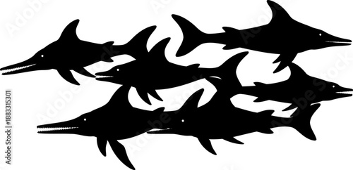 School of ichthyosaurus silhouettes swimming vector art
