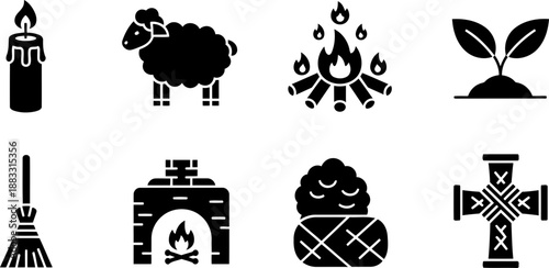 Imbolc icons: candle, sheep, fire, plant, broom, hearth, snow, cross