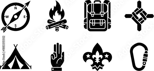 Boy Scout Anniversary Week icons with camping and scouting symbols