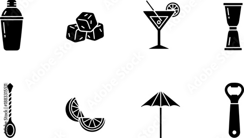 World Bartender Day icons collection: cocktail making tools and garnishes