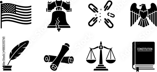 National Freedom Day vector icons set: US flag, Liberty Bell