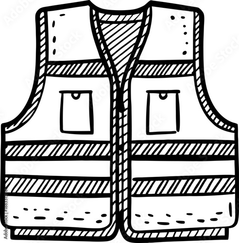 Hand drawn safety vest with pockets and reflective stripes in black and white sketch