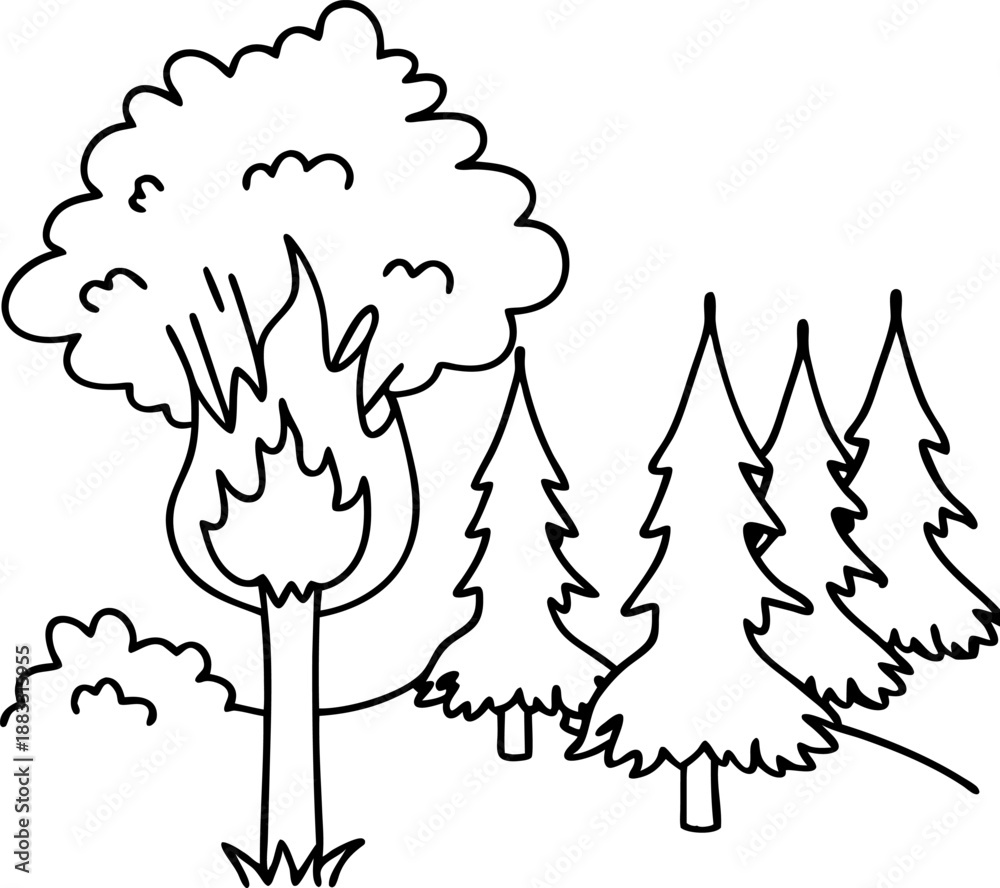 Fototapeta premium Tree on fire in forest with pine trees and bush background nature wildfire illustration