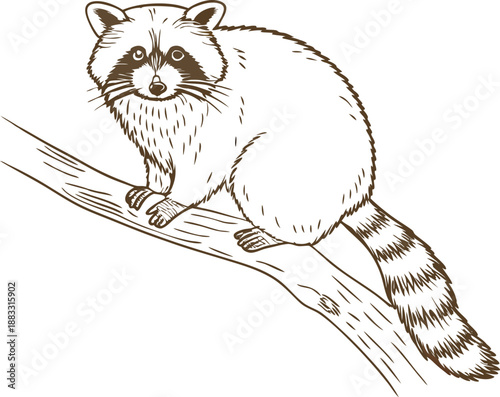raccoon sitting on tree branch, wild animal illustration, forest mammal, nature wildlife drawing