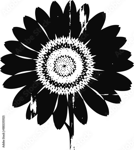 Black and white distressed sunflower silhouette with detailed center and textured petals