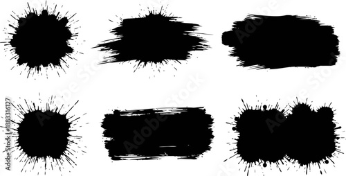 set of black ink splatters and brush strokes with rough edges and paint drips