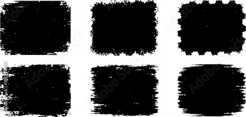Six black ink brush stroke frames on white background for grunge and artistic design