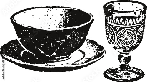 Vintage illustration of a ceramic bowl with saucer and an ornate glass goblet