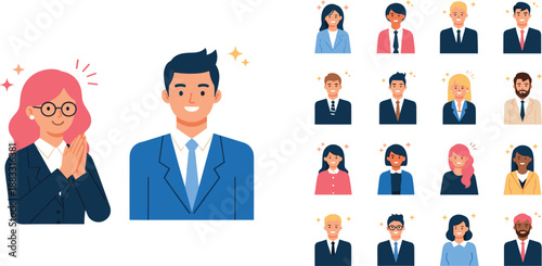 Business portraits illustration, diverse corporate team artwork, professional people vector, employee recognition design, office diversity concept, teamwork success art