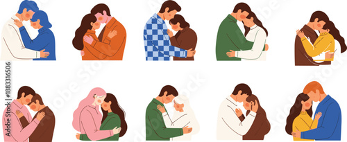 Couples embracing illustration, affectionate hug poses, emotional support vector art, romantic connection, diverse love scenes, intimacy concept, caring relationship design