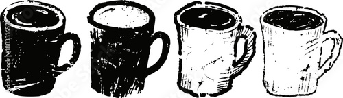 Black and white grunge mugs set four different coffee cups with textured, hand drawn