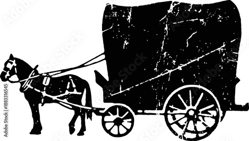 Vintage horse drawn covered wagon silhouette with large wooden wheels and harness