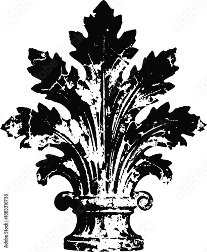 Antique ornamental fleur de lis design element with distressed vintage texture in black and white