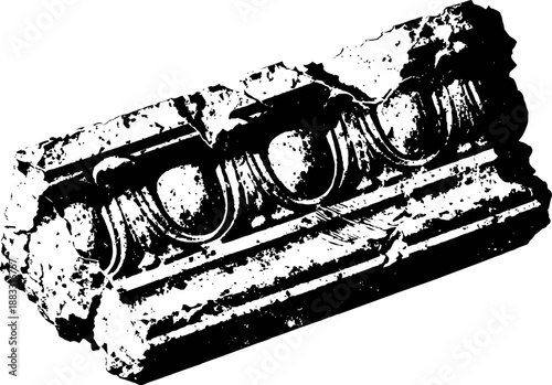Ancient stone architectural fragment with decorative carved pattern in black and white