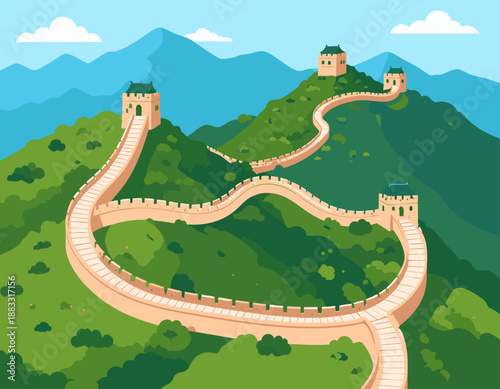 Great Wall of China vector illustration as winding abstract path