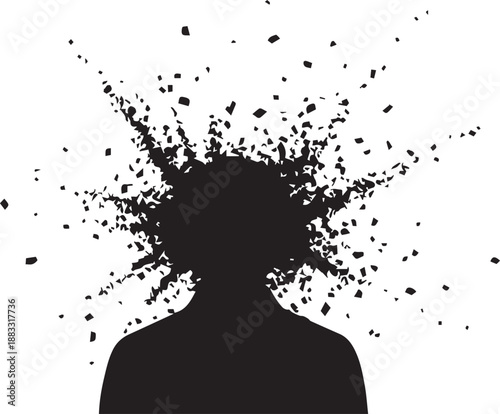 Human head exploding into small fragments vector silhouette illustration concept