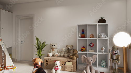 Billede på lærred Modern nursery and kids playroom interior design with wooden crib toys teepee te