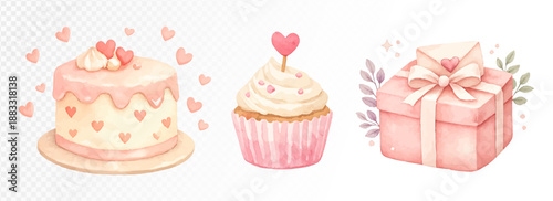 Watercolor sweet dessert set with cake, cupcake and gift box in soft pastel pink tones, romantic hand painted illustration for valentine celebration, birthday design and cute decor. Vector
