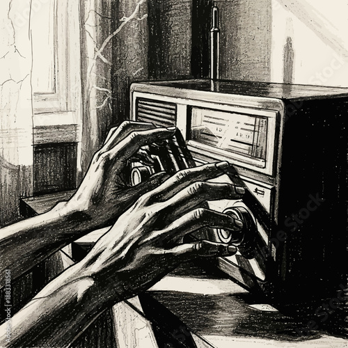 Vintage Radio Control, Hands Adjusting Knobs, Nostalgia