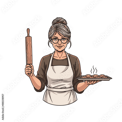 Smiling baker woman holding rolling pin and tray of baked goods.