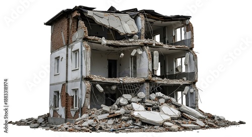 Collapsed three story brick building with exposed interiors and rubble pile at base collapsed building