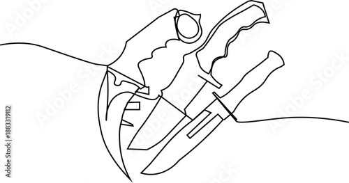 Set of Knife continous line illustration. Karambit, Tactical, and Combat Knife Line Art. Vector Illustration of Military Blades for Graphic Design, Survival Gear, and Weapon Iconography.